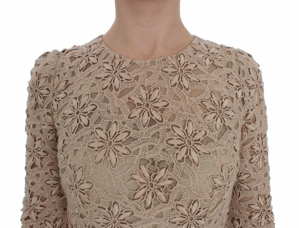 Vestido largo de manga larga con encaje floral en beige de Dolce &amp; Gabbana