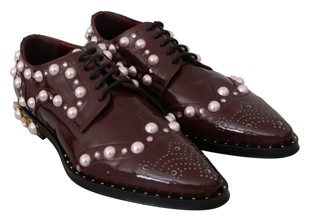 Dolce &amp; Gabbana - Ballerines élégantes à lacets bordeaux avec perles et cristaux