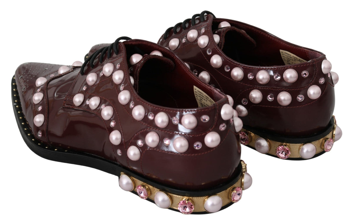 Dolce &amp; Gabbana - Ballerines élégantes à lacets bordeaux avec perles et cristaux