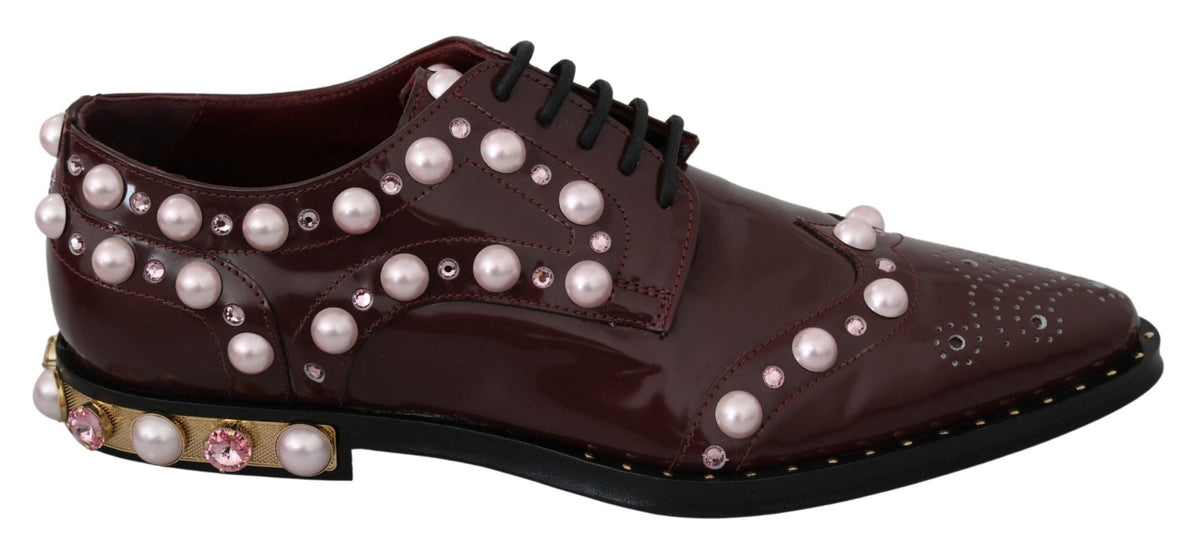 Dolce &amp; Gabbana - Ballerines élégantes à lacets bordeaux avec perles et cristaux