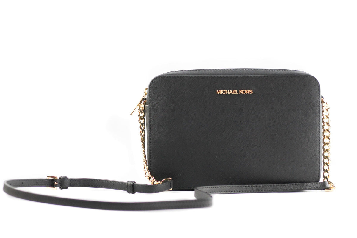 Bolso bandolera grande de piel saffiano Jet Set East West de Michael Kors (negro sólido/herrajes dorados)