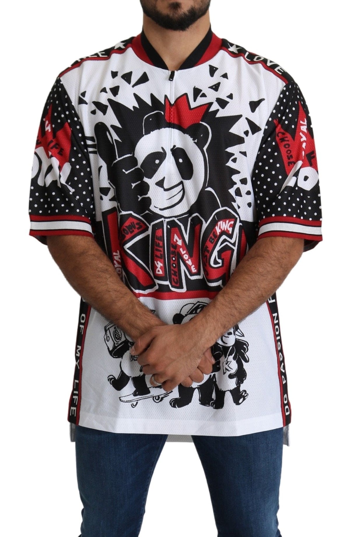 Camiseta con cuello con cremallera y estampado de panda King en color blanco chic de Dolce &amp; Gabbana