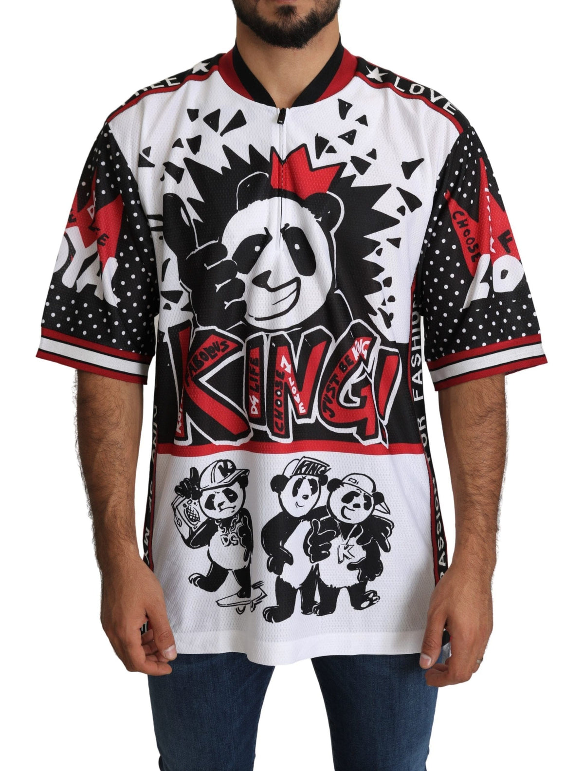 Camiseta con cuello con cremallera y estampado de panda King en color blanco chic de Dolce &amp; Gabbana