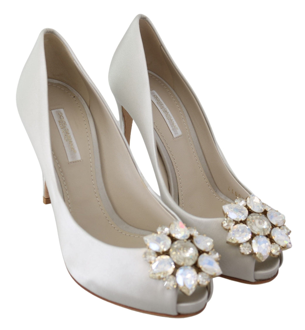 Tacones de seda con punta abierta y cristales blancos de Dolce &amp; Gabbana