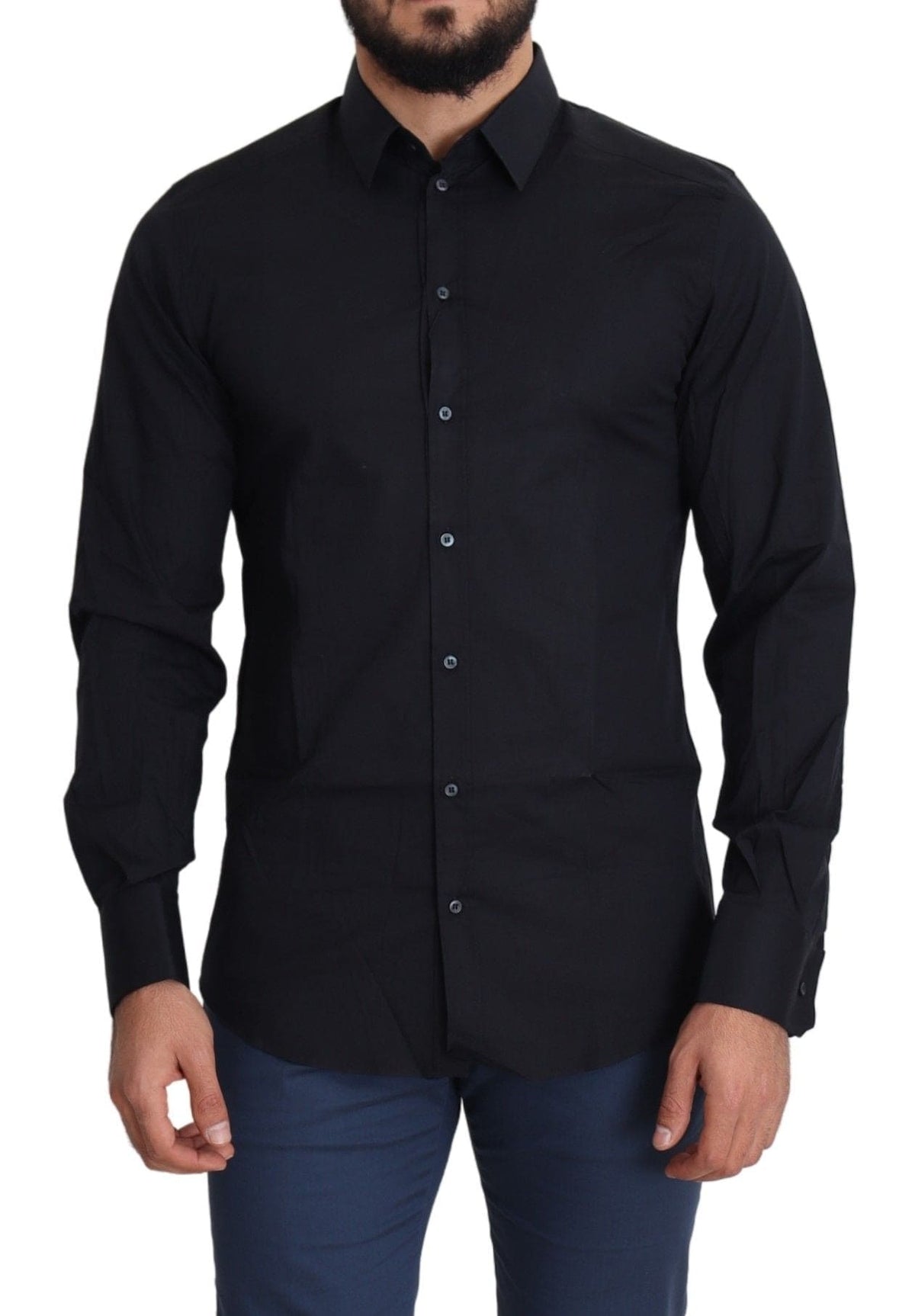 Camisa de vestir de algodón elástico de corte ajustado y elegante color negro de Dolce &amp; Gabbana