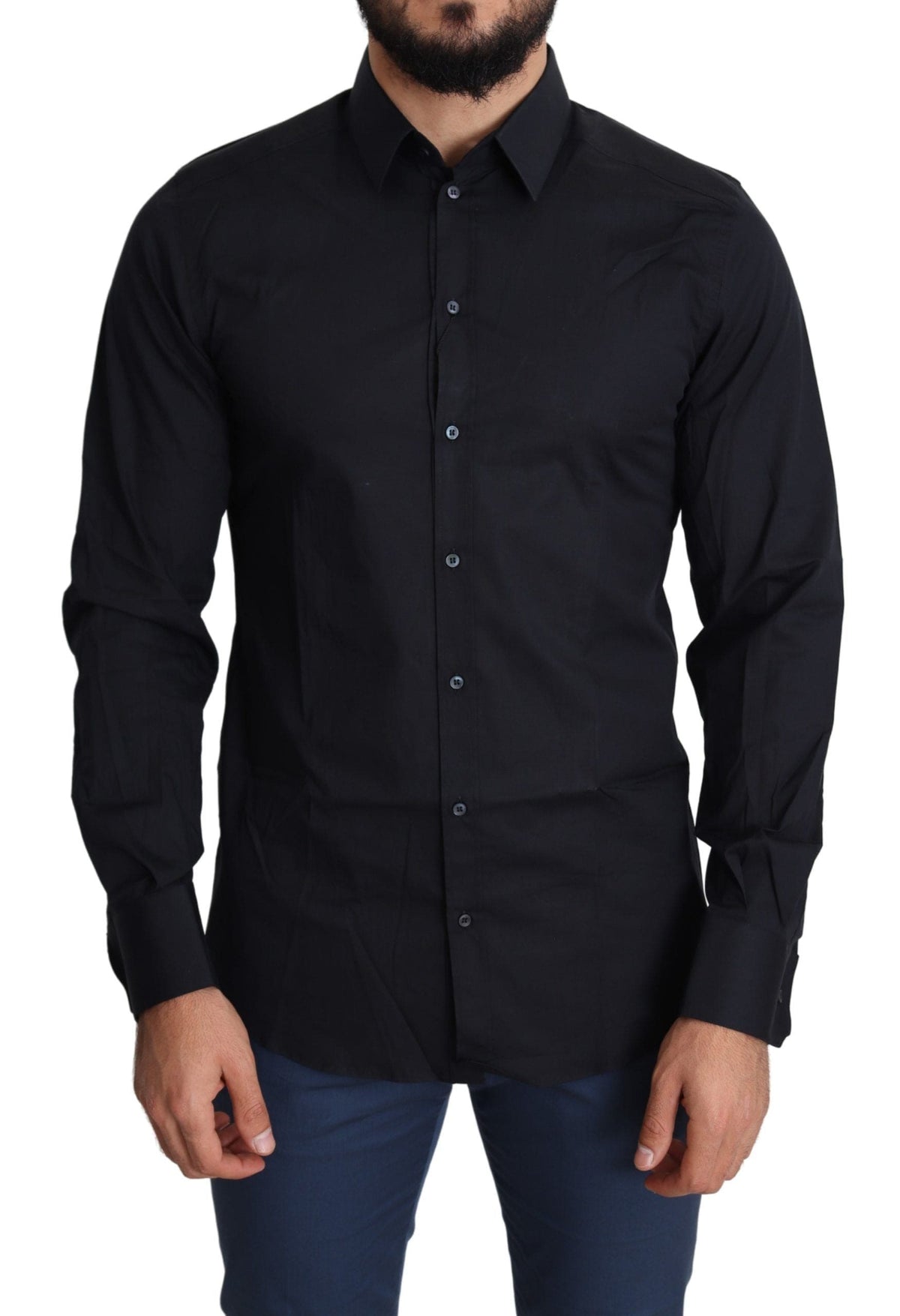 Camisa de vestir de algodón elástico de corte ajustado y elegante color negro de Dolce &amp; Gabbana