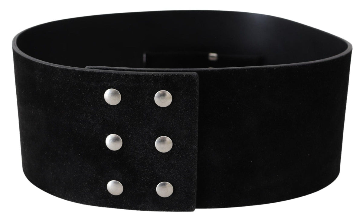 Ceinture large élégante en cuir noir GF Ferre avec boucle argentée