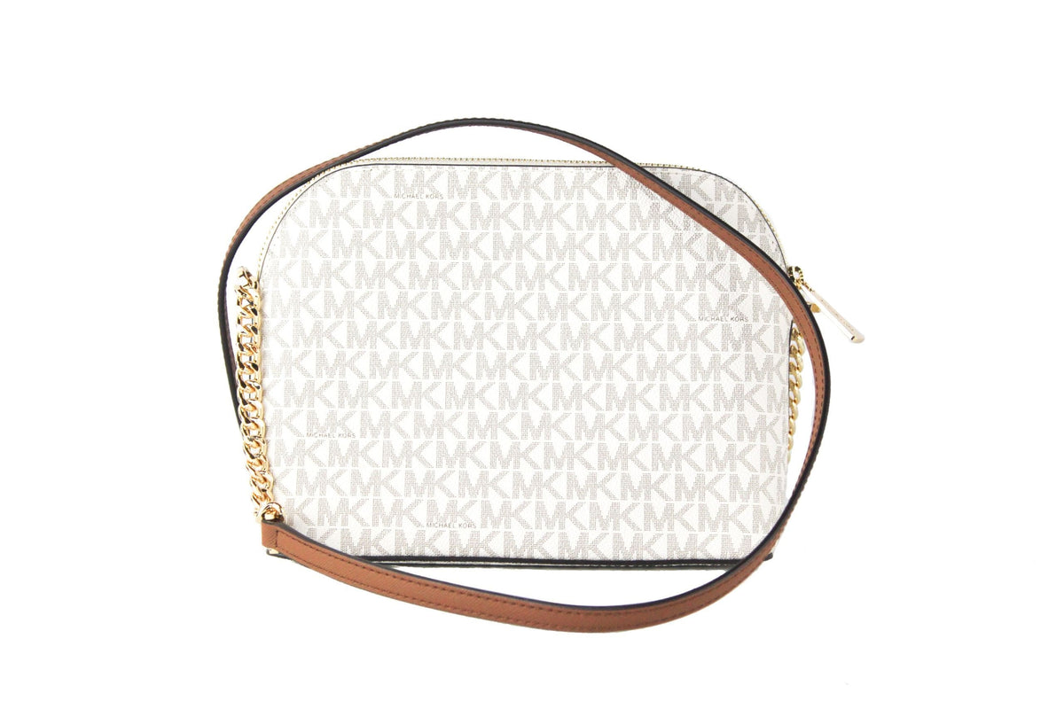 Bolso bandolera Jet Set Travel de piel de tamaño mediano con forma de cúpula cruzada en forma de X de Michael Kors (Vanilla Signature/Gold)