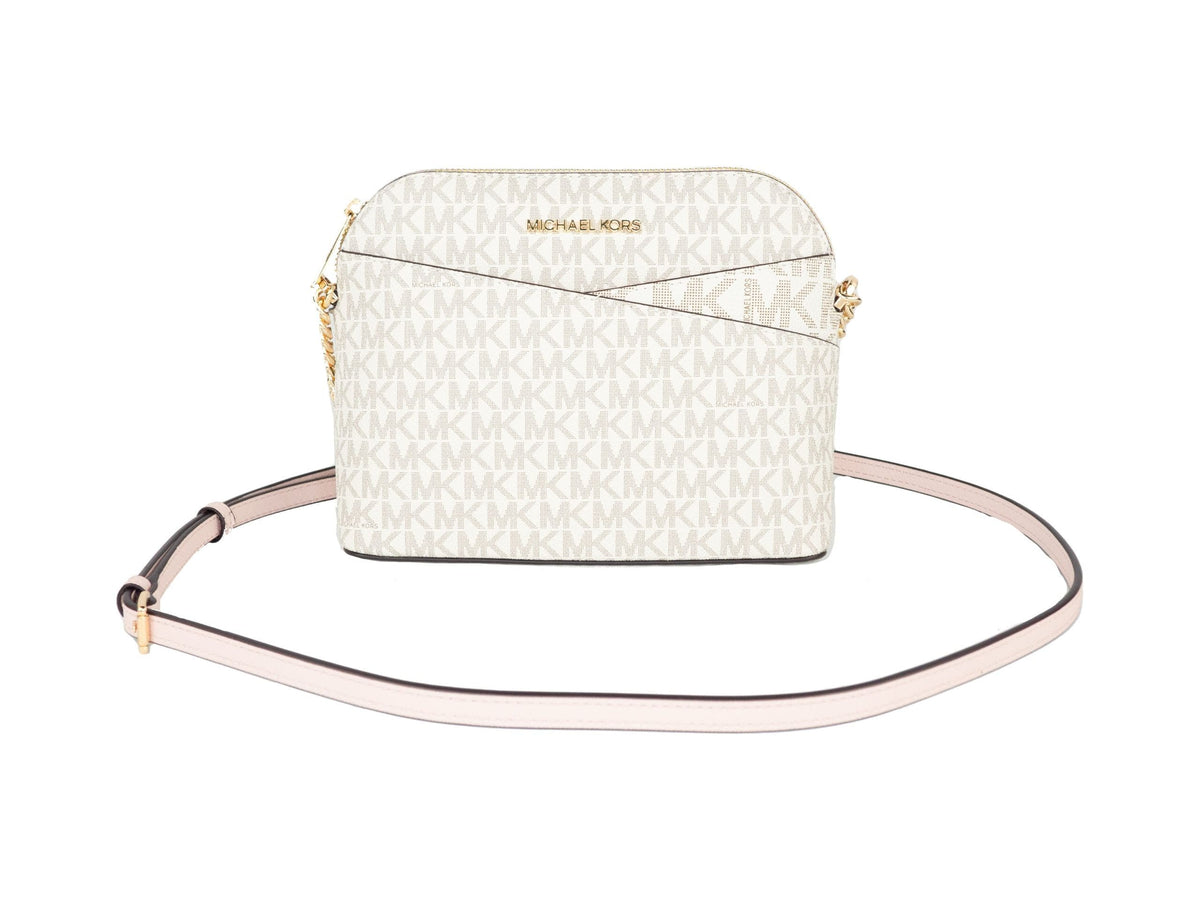 Bolso bandolera Jet Set Travel Medium de piel con forma de cúpula cruzada en forma de X de Michael Kors (Vanilla Signature/Powder Blush)