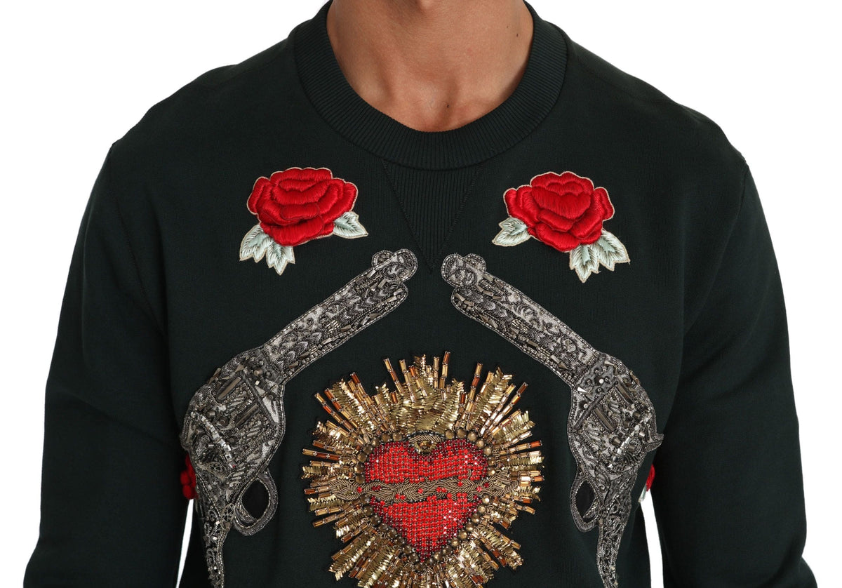 Dolce & Gabbana Emerald Cotton Sweater with Crystal Embroidery