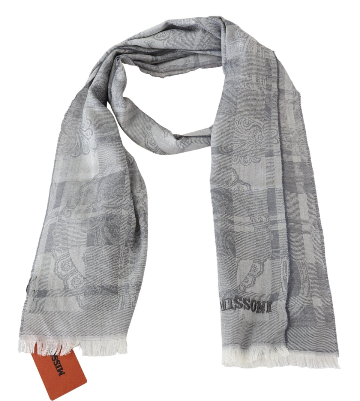 Bufanda unisex de lana gris con logotipo bordado de Missoni Chic