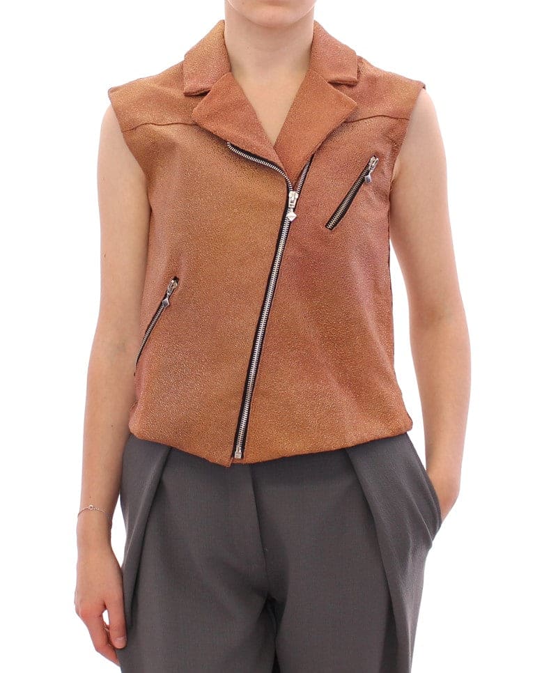 Gilet couture sans manches en cuir marron riche de La Maison du Couturier