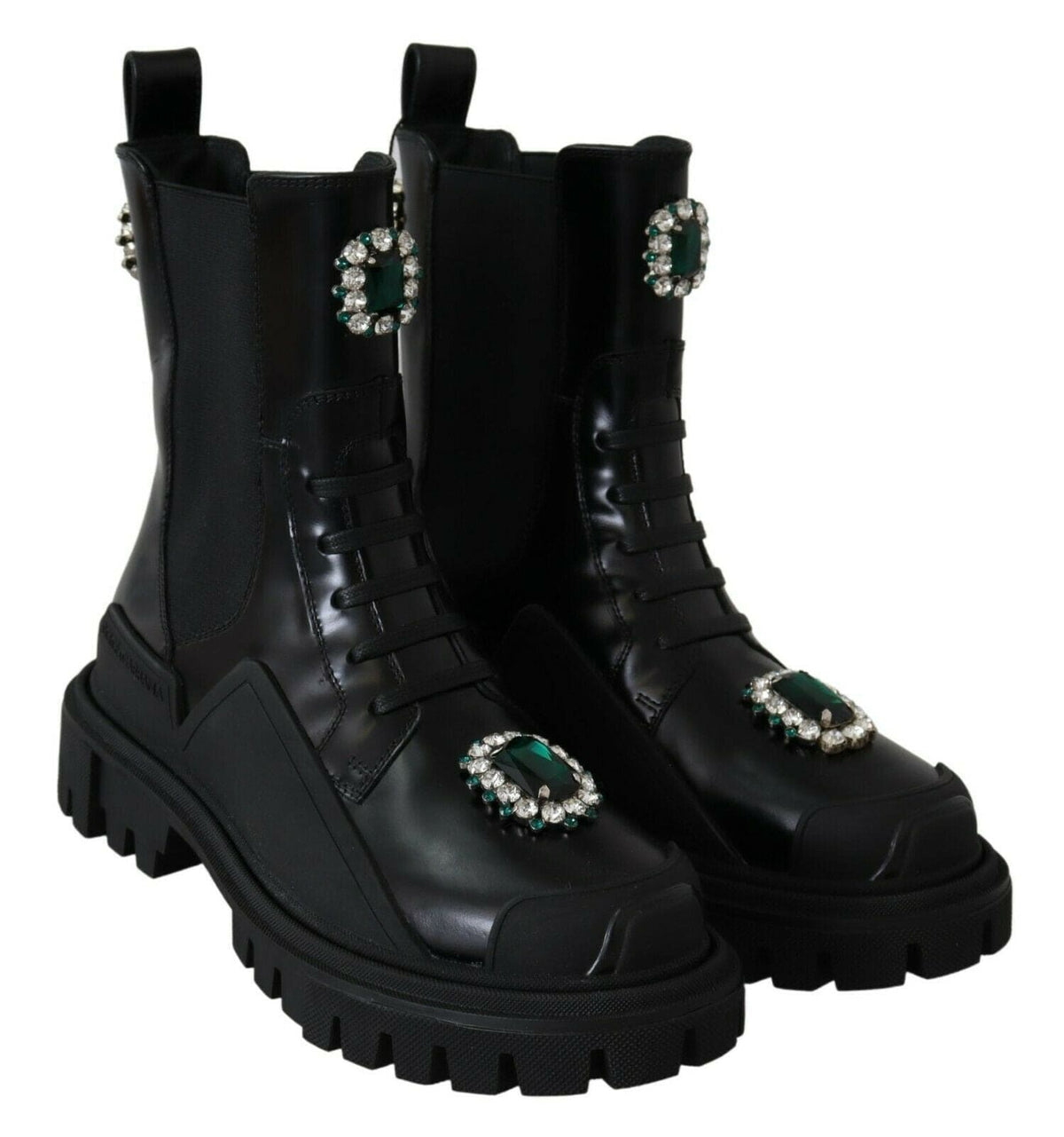 Bottines de combat élégantes en cuir noir avec détails en cristal Dolce &amp; Gabbana