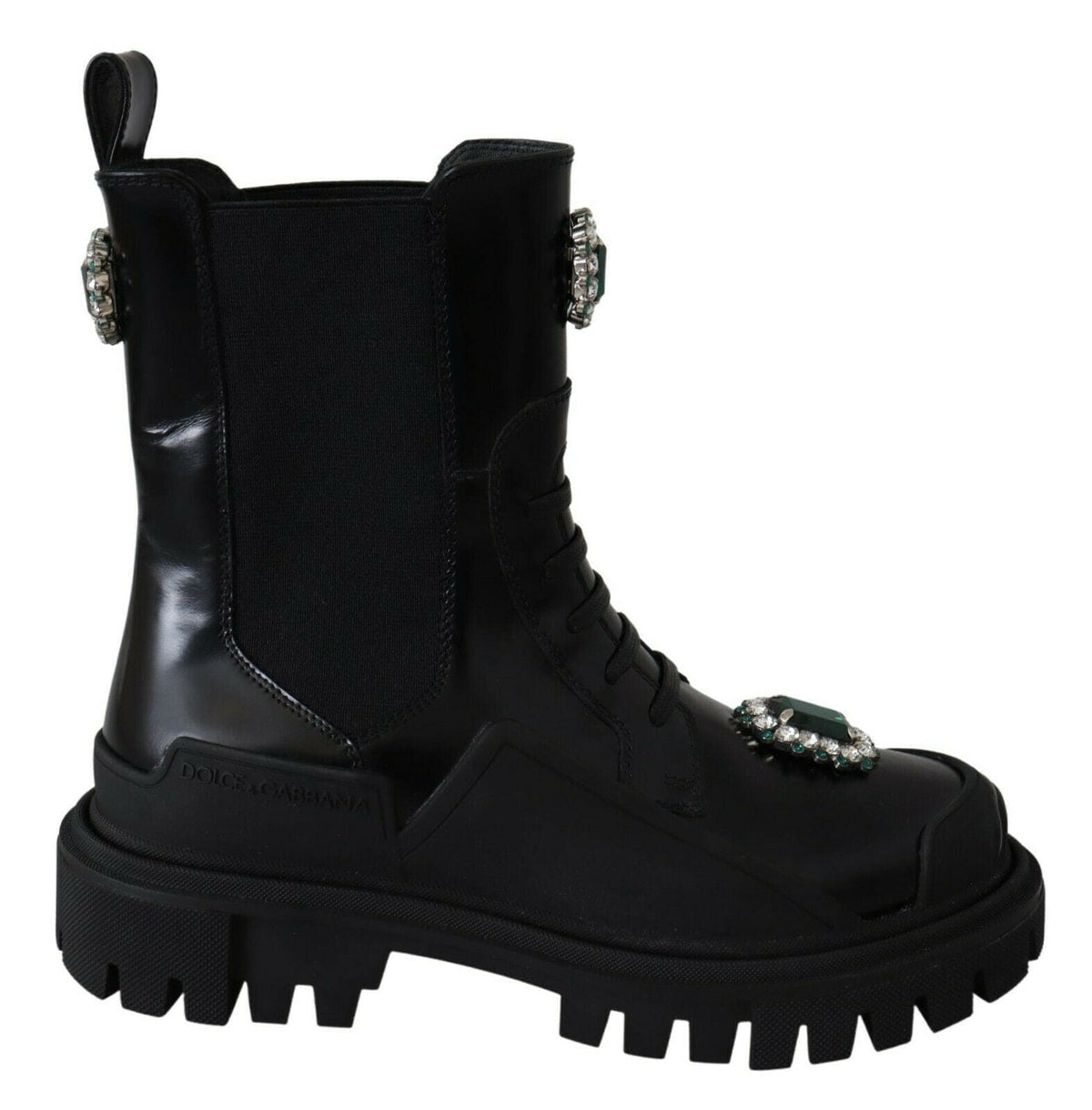 Bottines de combat élégantes en cuir noir avec détails en cristal Dolce &amp; Gabbana