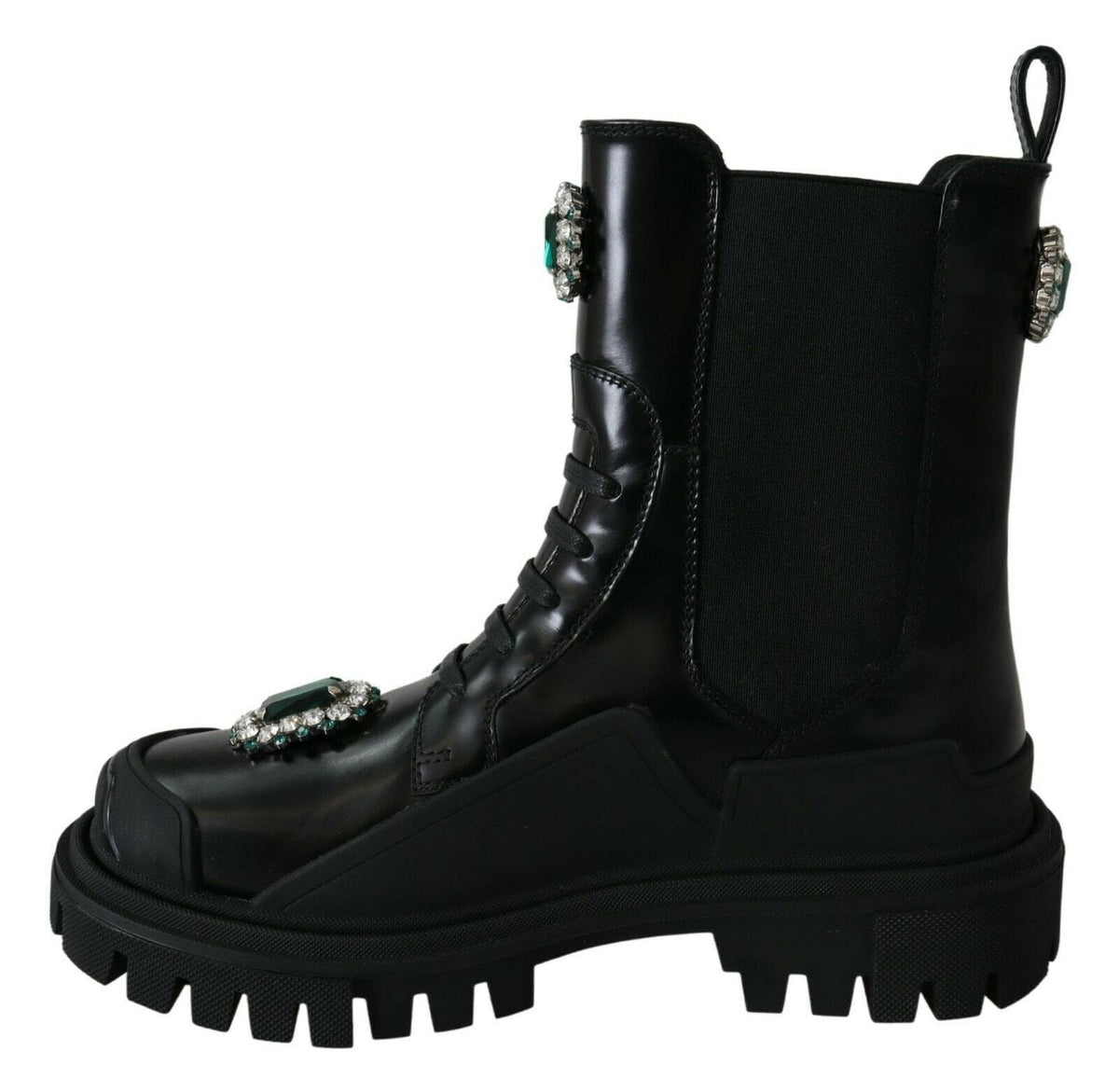 Bottines de combat élégantes en cuir noir avec détails en cristal Dolce &amp; Gabbana