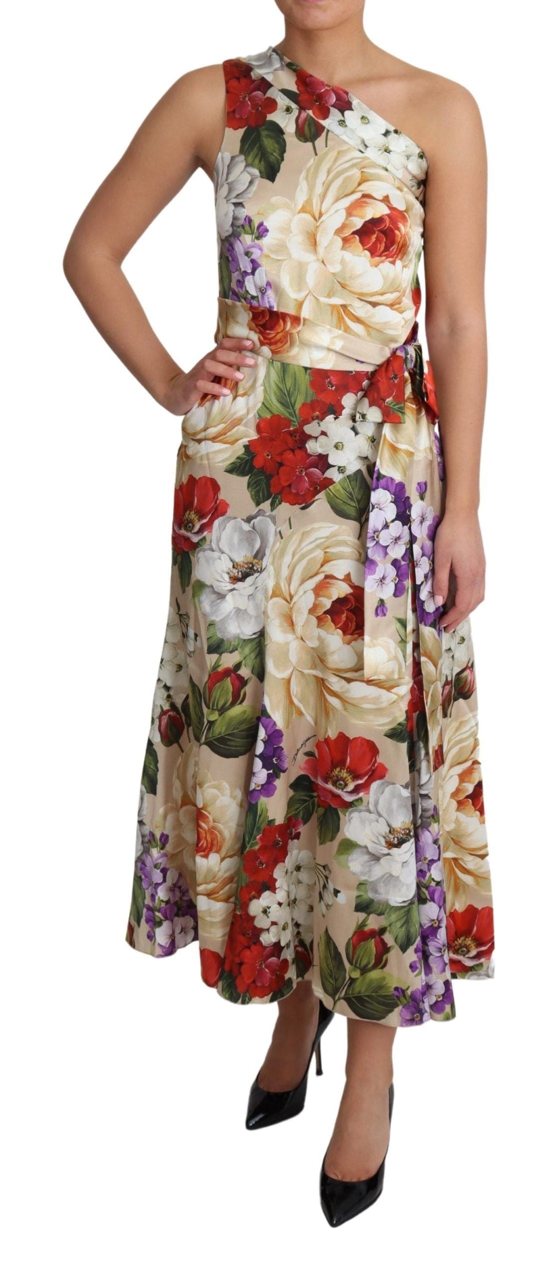 Robe longue en soie fleurie à une épaule élégante Dolce &amp; Gabbana