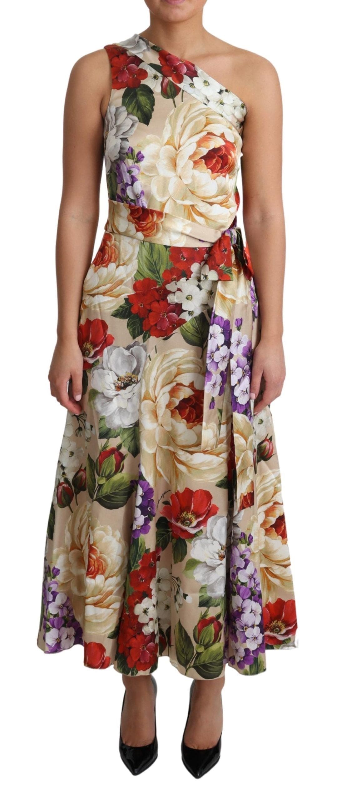 Robe longue en soie fleurie à une épaule élégante Dolce &amp; Gabbana