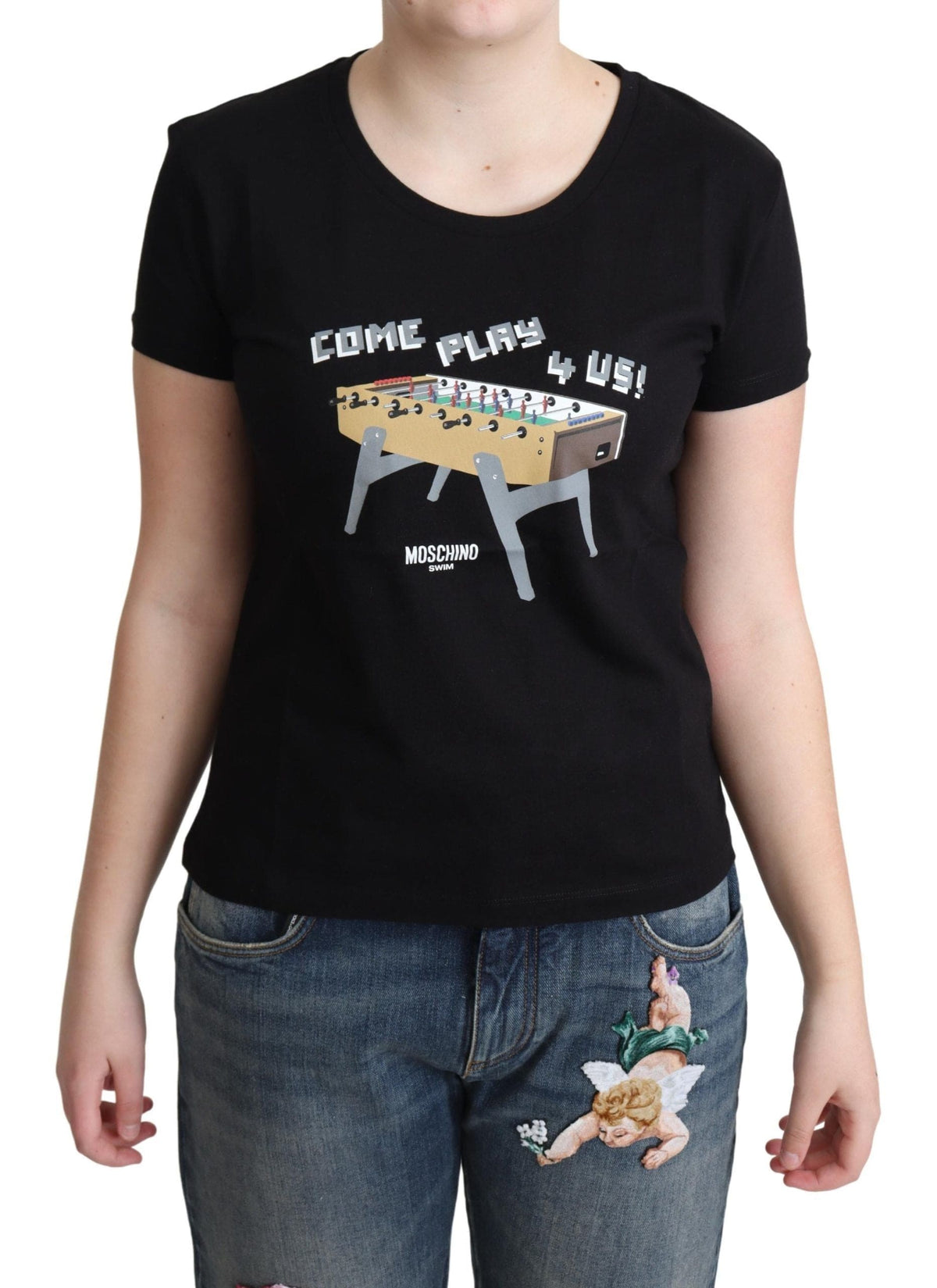 T-shirt en coton noir Moschino Chic avec imprimé ludique