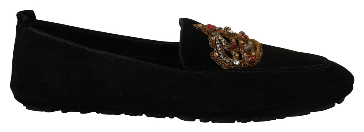 Mocassins élégants en cuir noir Dolce &amp; Gabbana avec broderies dorées