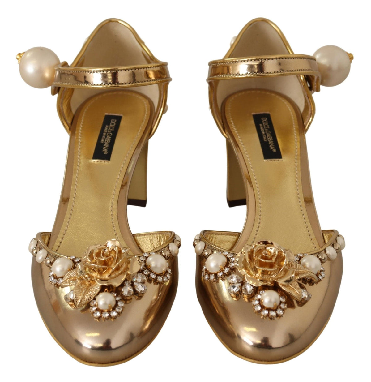 Elegantes tacones de bloque de piel dorada con cristales de Dolce &amp; Gabbana