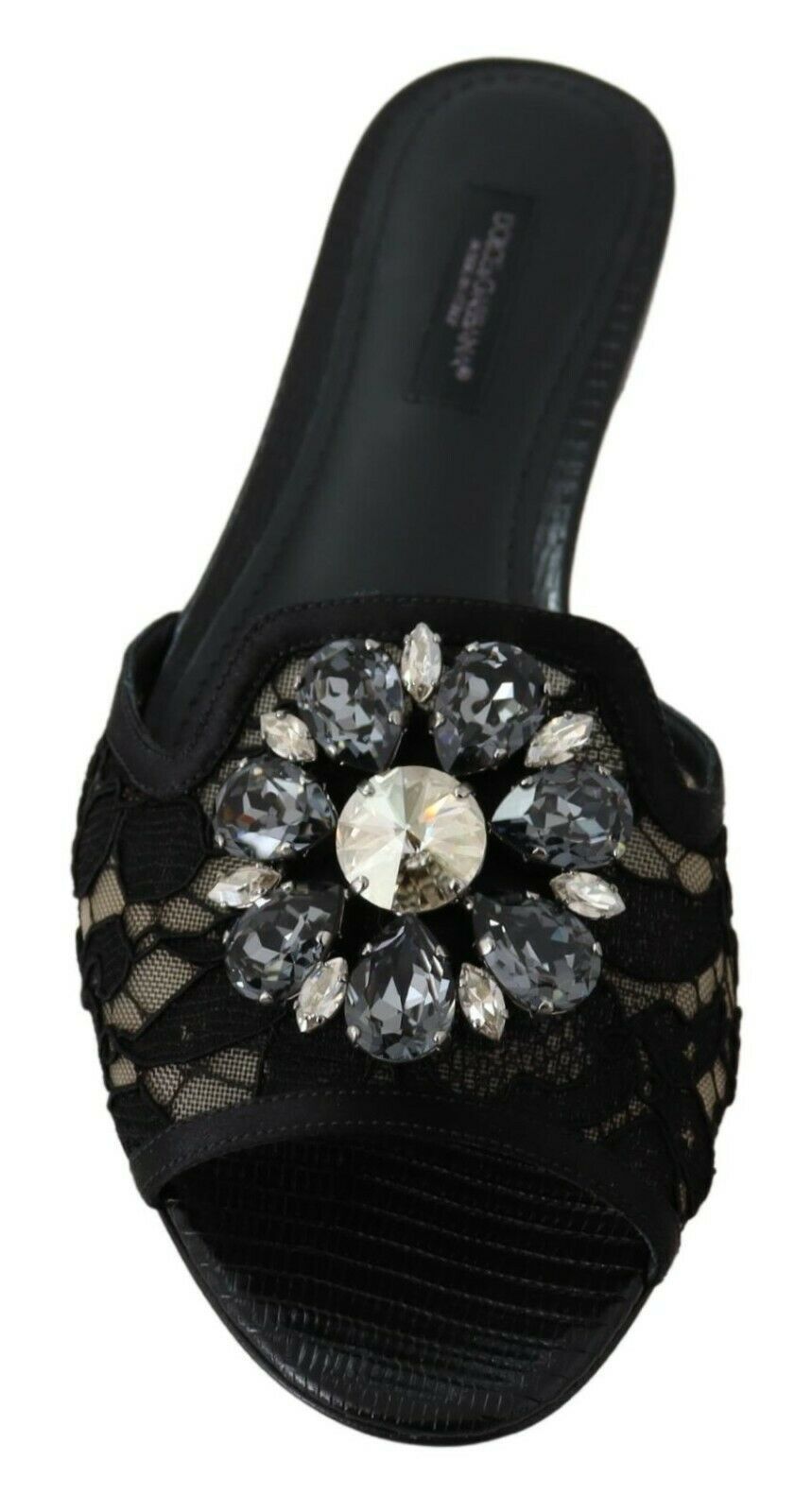 Elegantes mules de encaje negro con detalle de flor joya de Dolce &amp; Gabbana