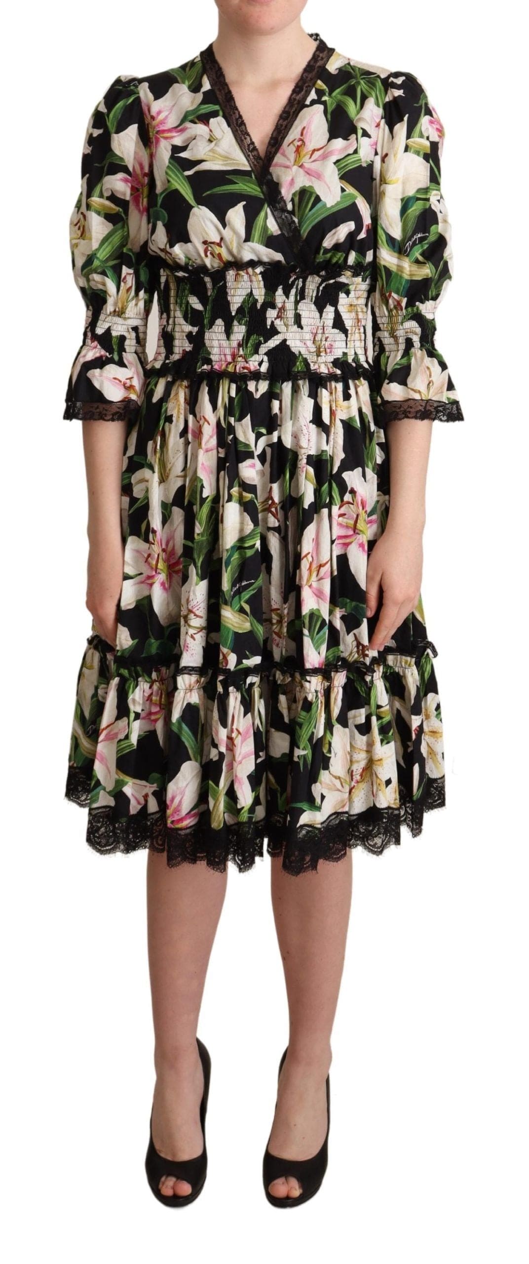 Vestido midi elegante con estampado de lirios y ribete de encaje de Dolce &amp; Gabbana