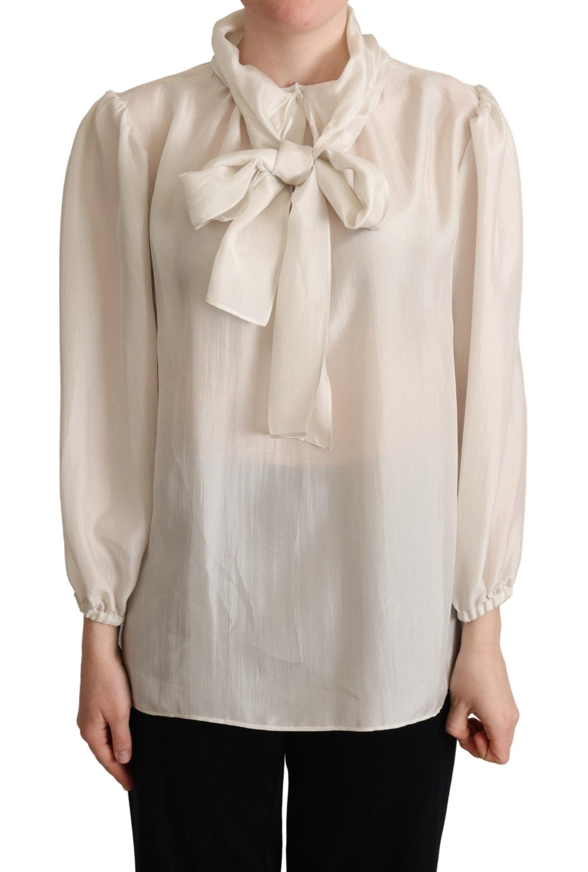 Blusa elegante de seda gris claro con cuello Ascot de Dolce &amp; Gabbana