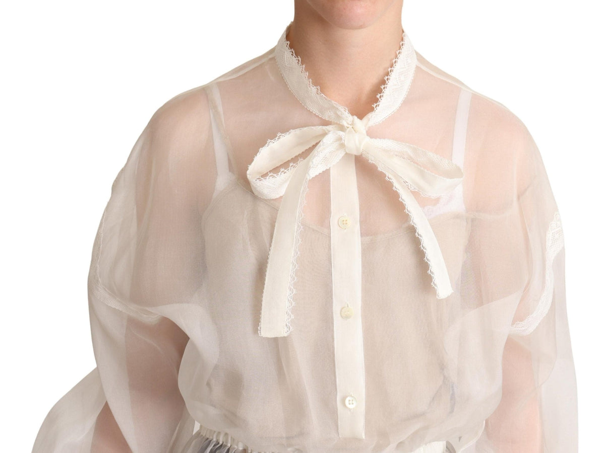 Elegante blusa Ascot de algodón y seda blanca de Dolce &amp; Gabbana