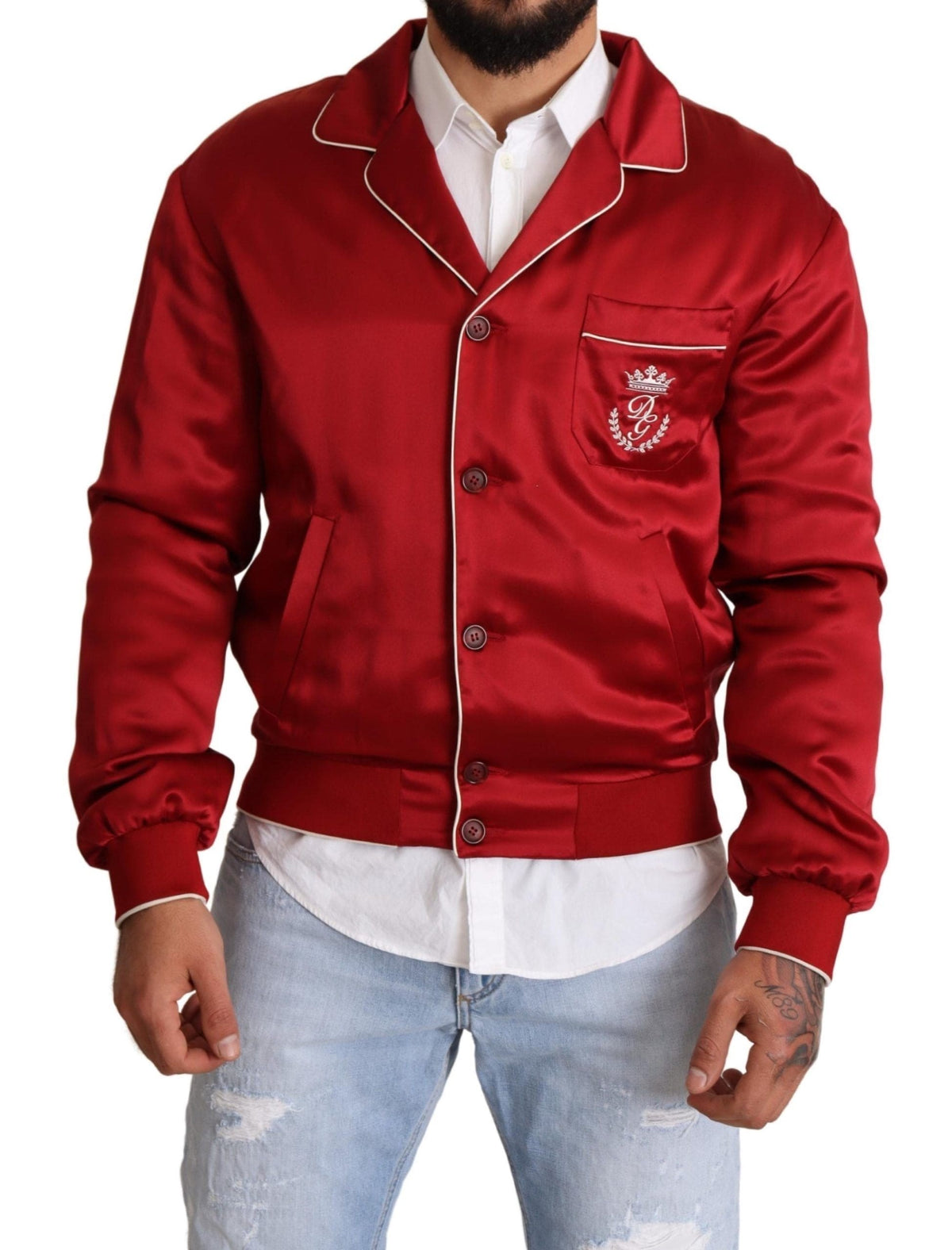 Chaqueta bomber de seda roja suntuosa de Dolce &amp; Gabbana