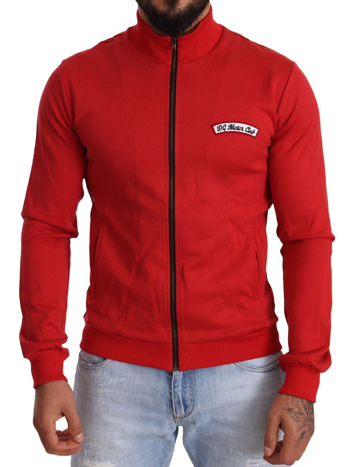 Pull zippé rouge élégant Dolce &amp; Gabbana avec motif DG Motor Club