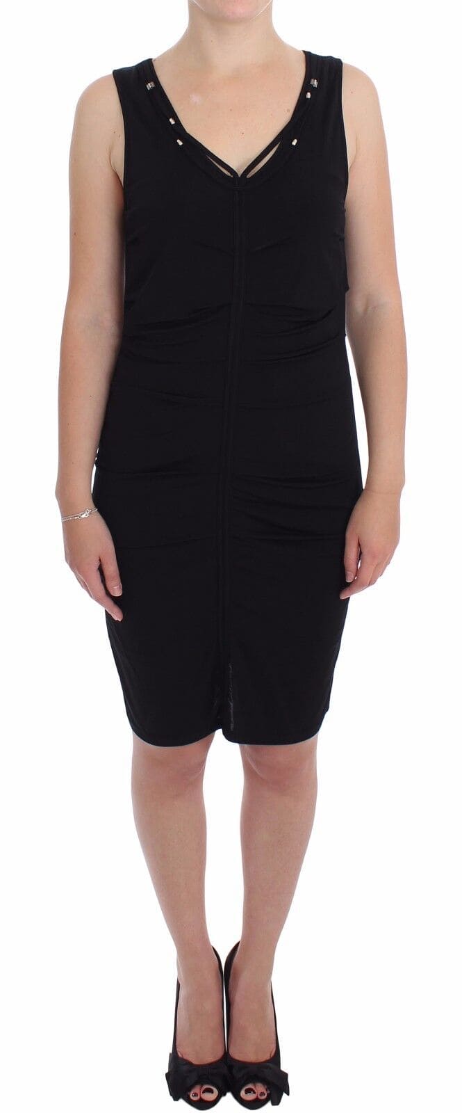 Vestido elegante hasta la rodilla de jersey negro con escote tubo de Roccobarocco