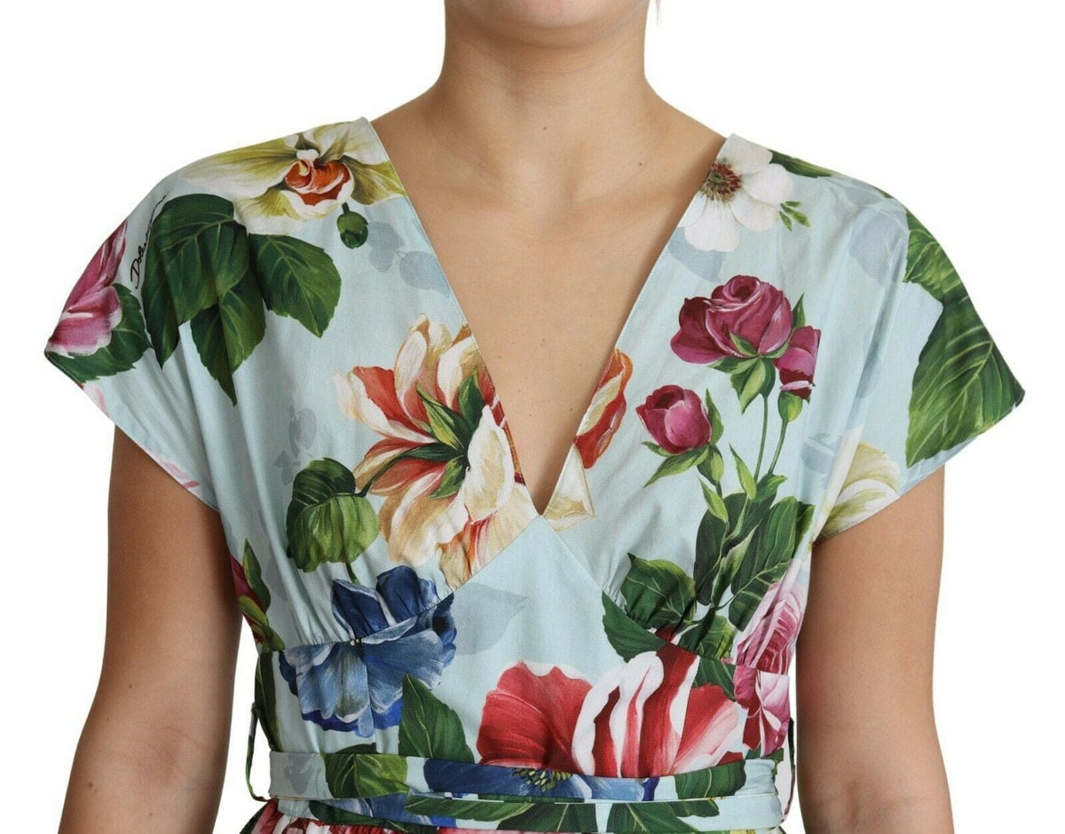 Robe en coton à col en V et motif floral Dolce &amp; Gabbana