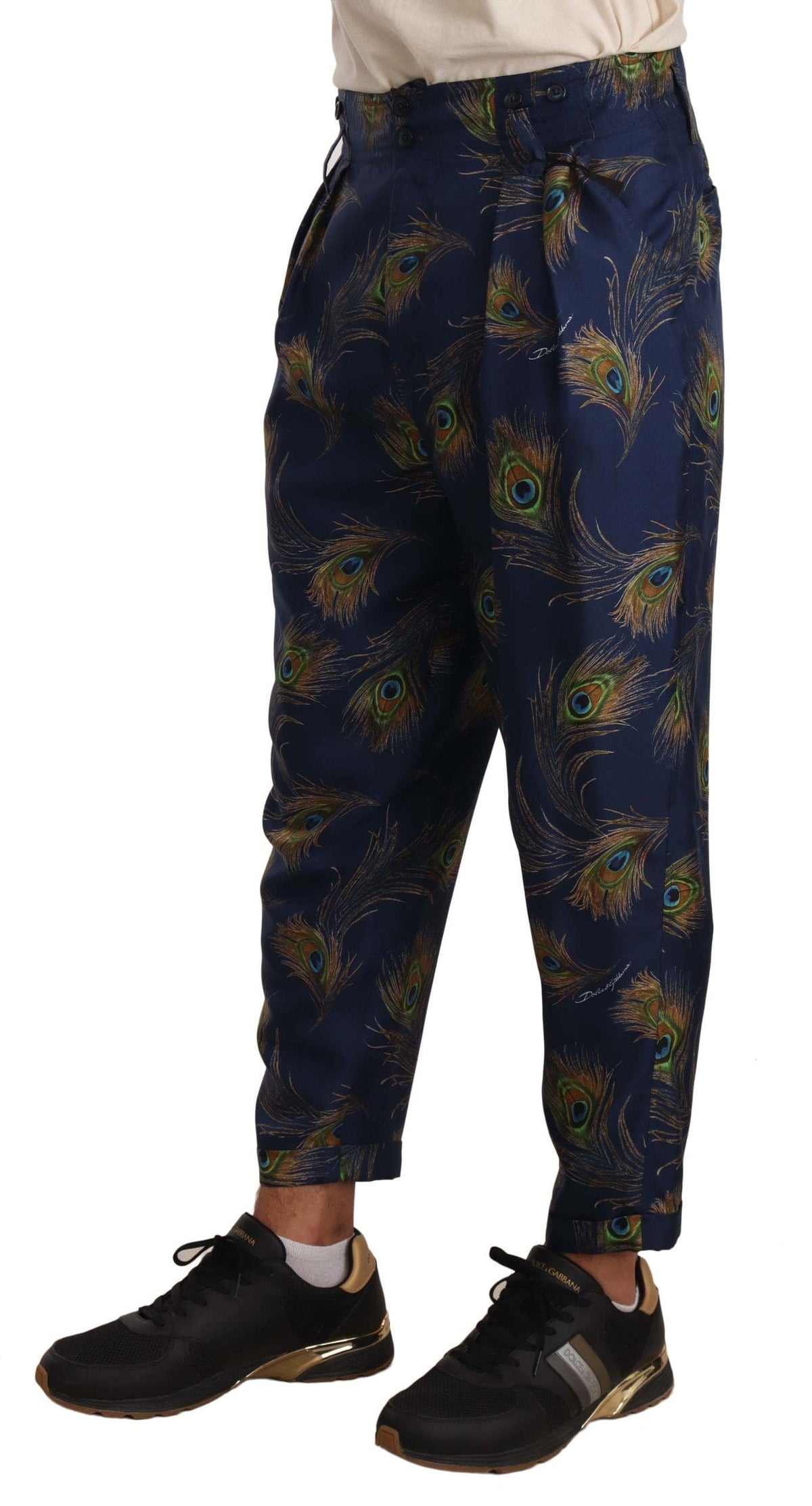 Pantalones de seda con estampado de pavo real de Dolce &amp; Gabbana