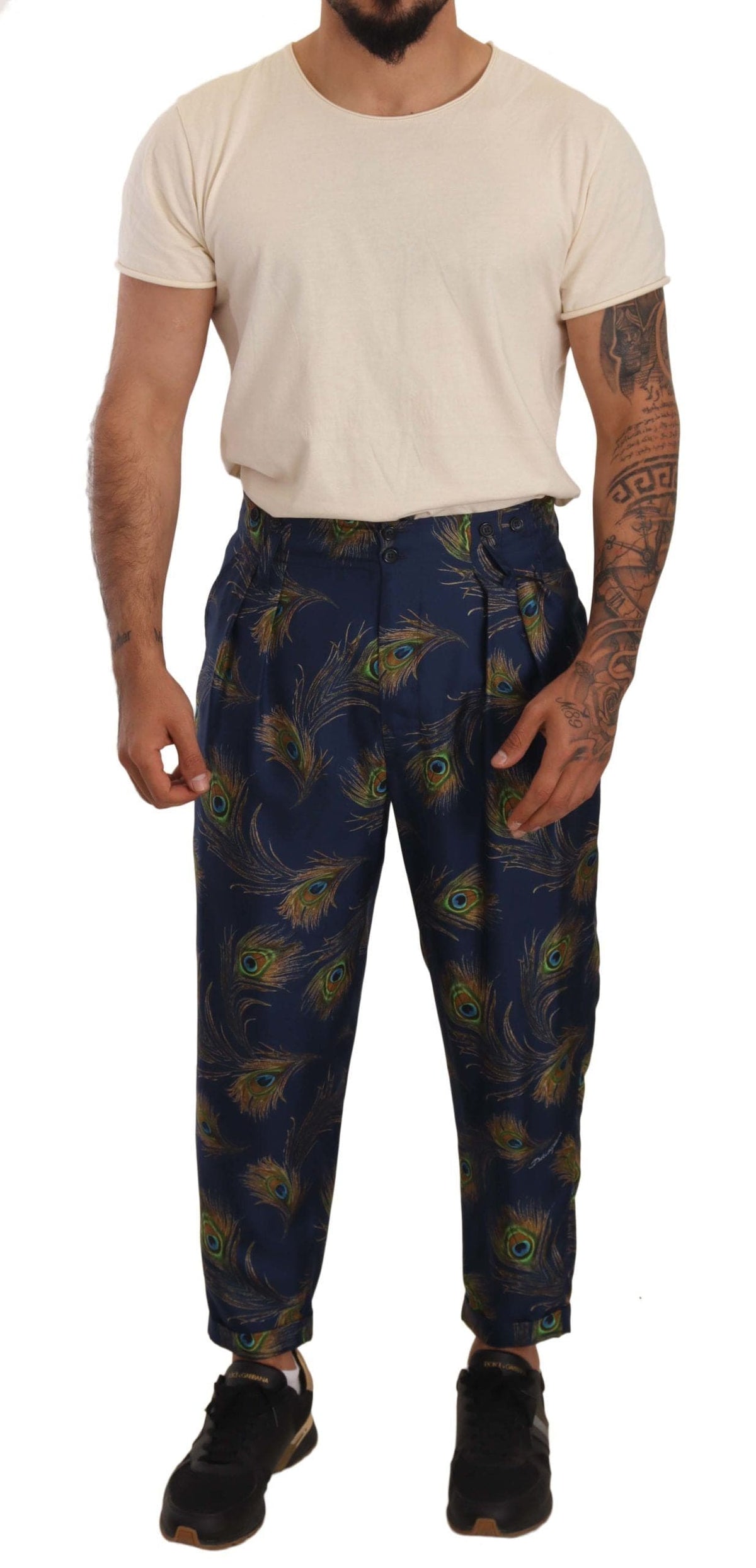 Pantalon en soie à imprimé paon Dolce &amp; Gabbana