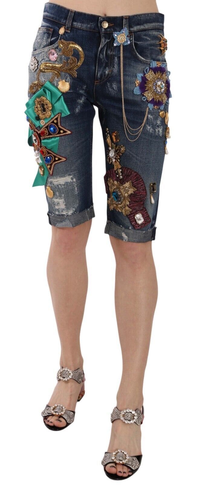 Elegantes shorts de mezclilla adornados hasta la rodilla de Dolce &amp; Gabbana