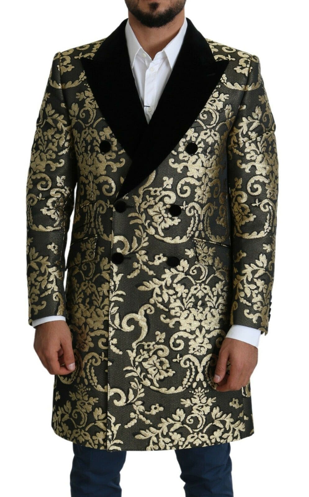 Manteau croisé en jacquard noir et doré Dolce &amp; Gabbana Sicilia