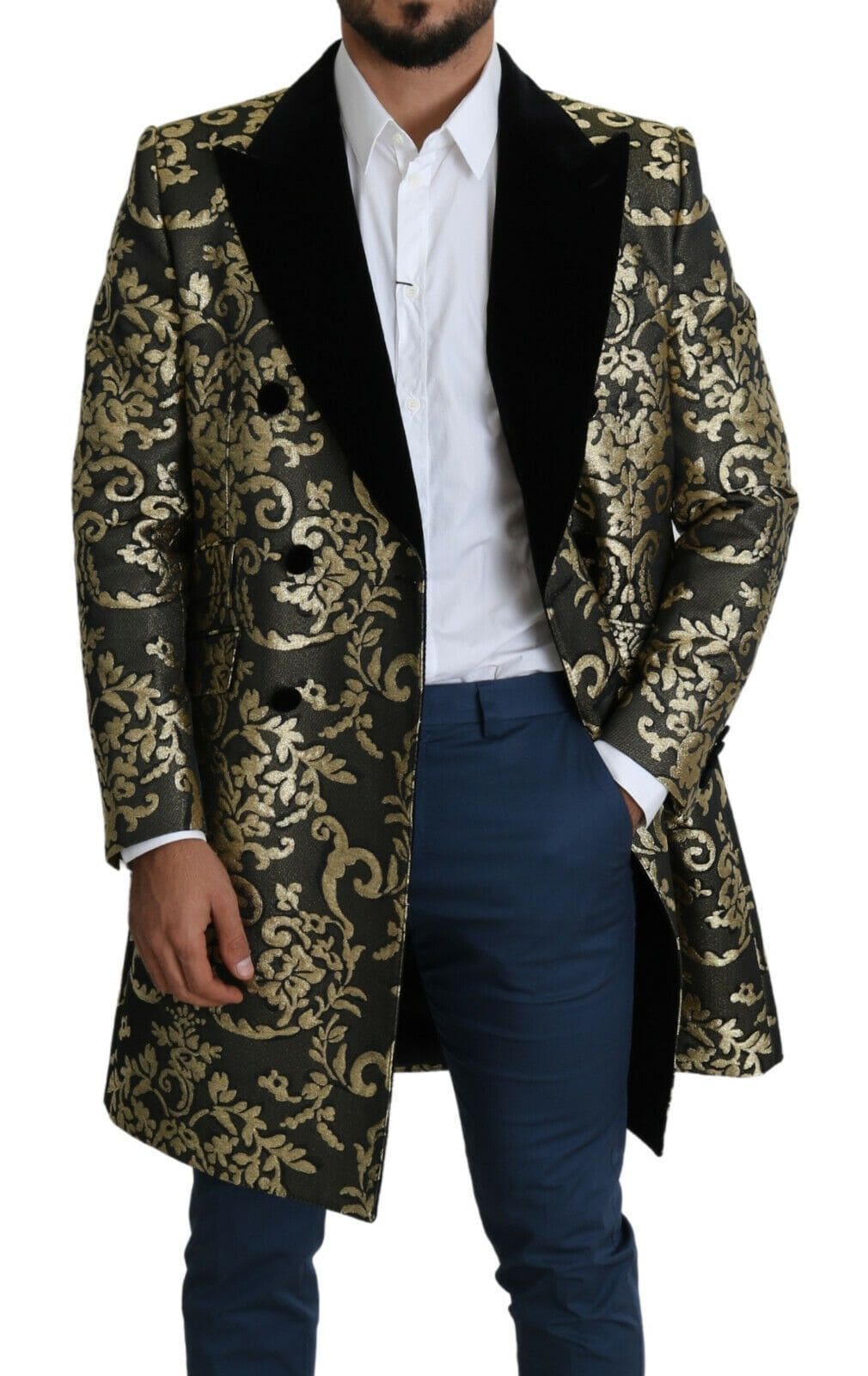 Manteau croisé en jacquard noir et doré Dolce &amp; Gabbana Sicilia