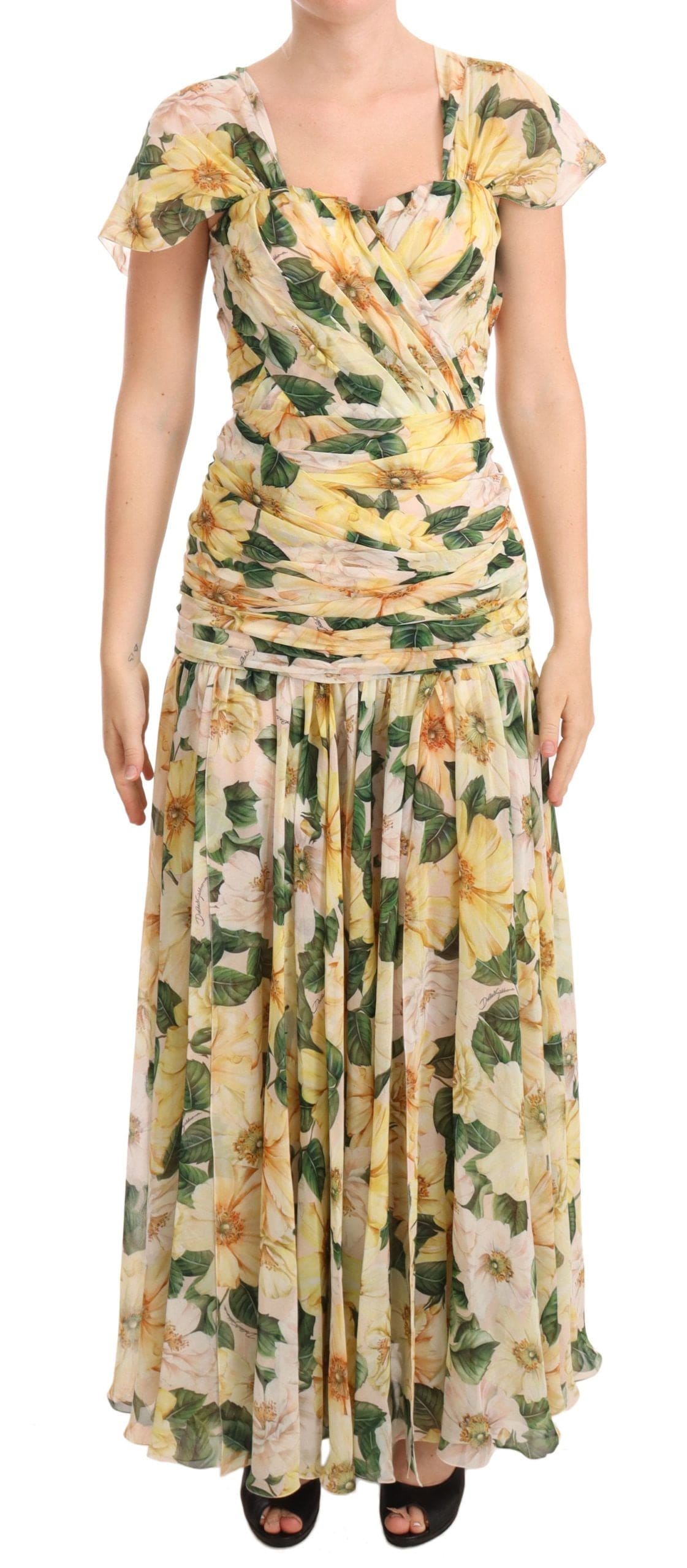 Robe longue plissée en soie à imprimé floral Dolce &amp; Gabbana