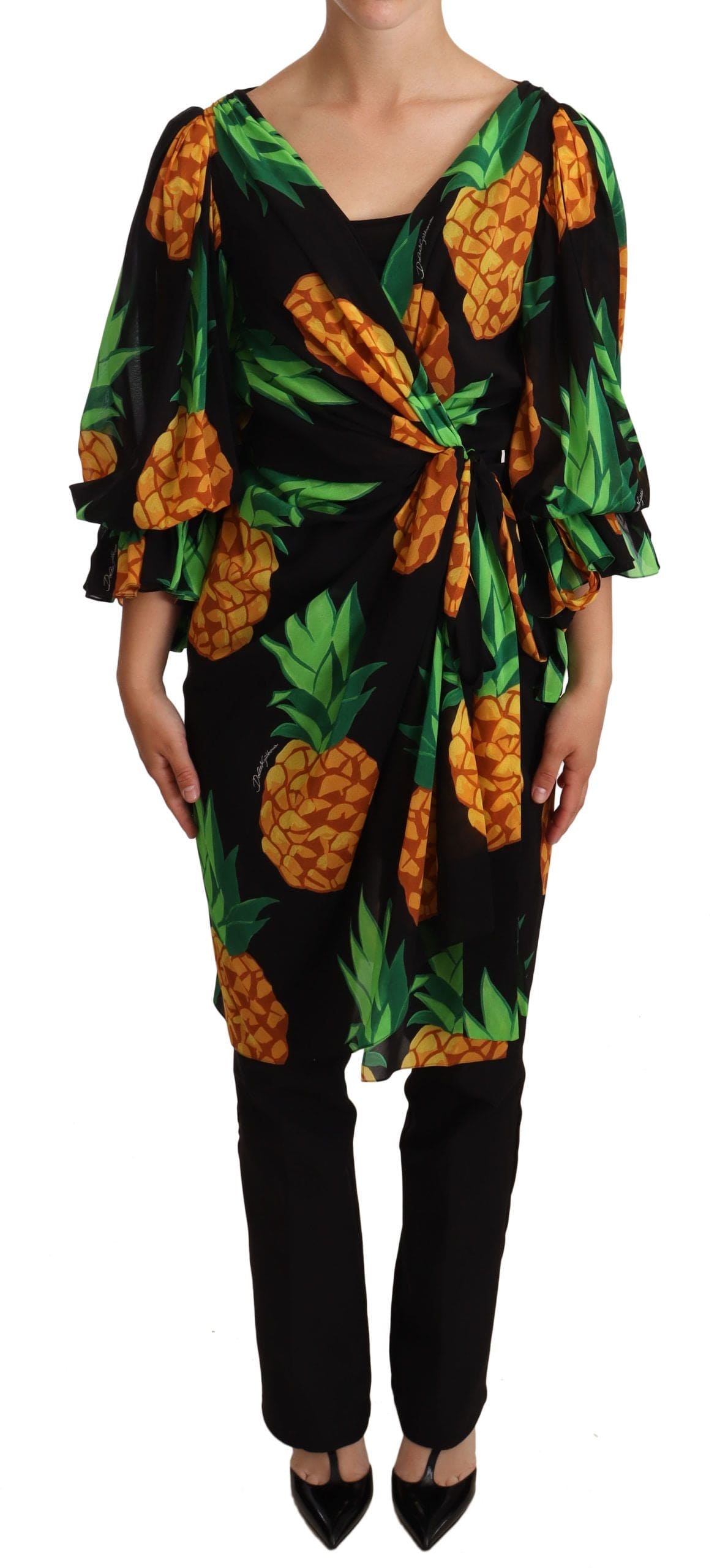 Robe portefeuille drapée à imprimé ananas vibrant de Dolce &amp; Gabbana