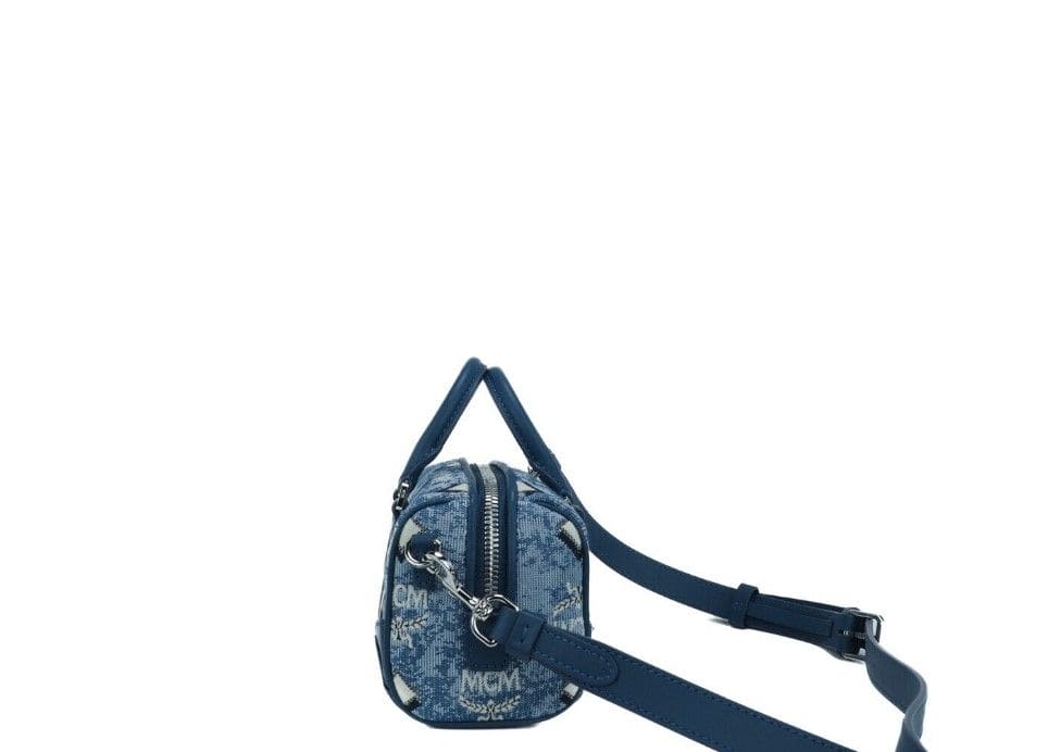 Sac à main bandoulière MCM Boston Mini en tissu jacquard bleu vintage avec logo