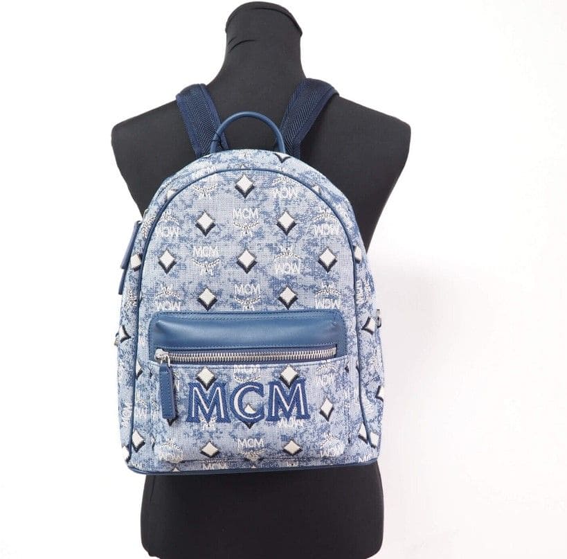 Sac à dos MCM Stark en tissu jacquard bleu vintage avec monogramme et logo