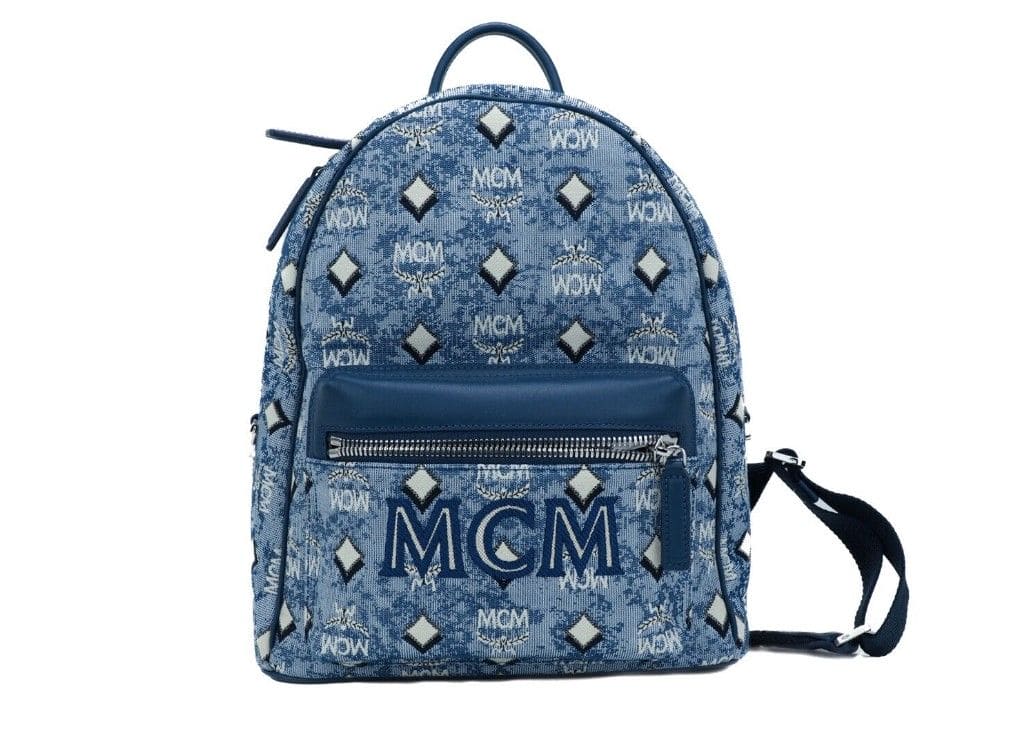 Mochila pequeña de tela con logotipo de monograma en jacquard vintage azul Stark de MCM