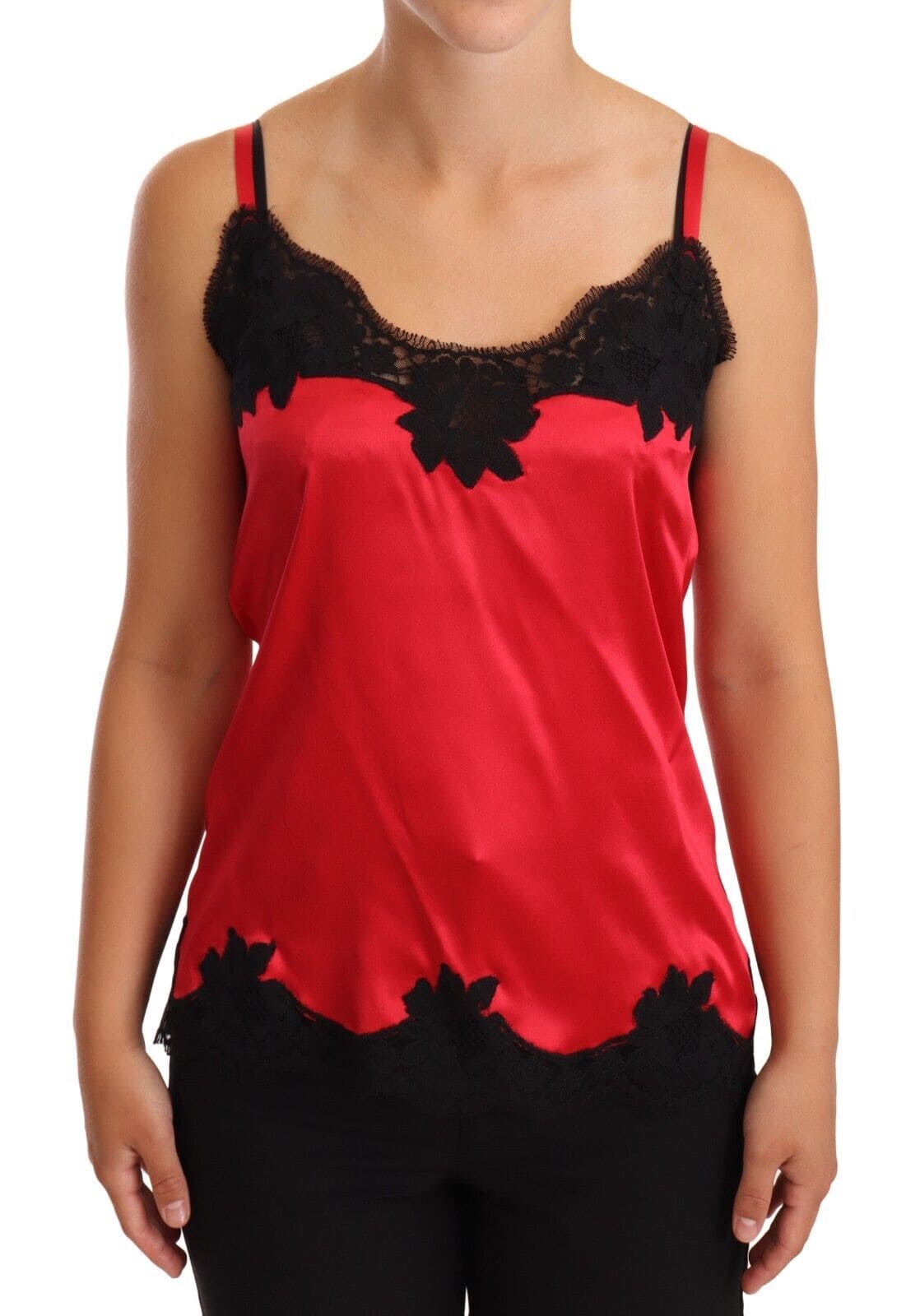 Camisola con ribete de encaje en mezcla de seda de Dolce &amp; Gabbana en rojo y negro