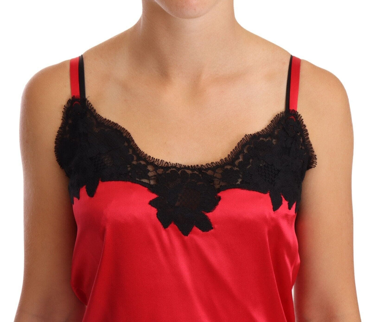 Camisola con ribete de encaje en mezcla de seda de Dolce &amp; Gabbana en rojo y negro