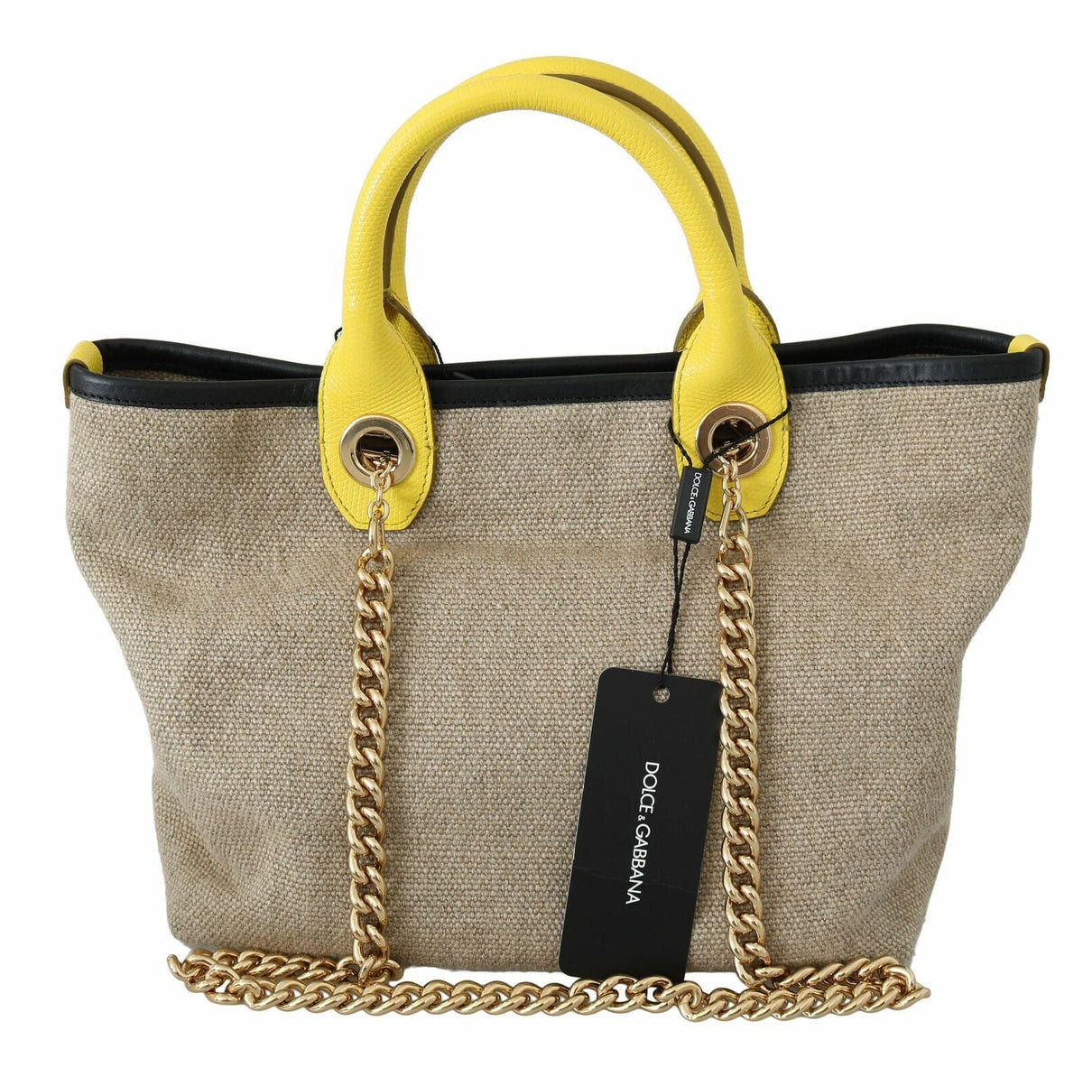 Sac cabas en lin et veau beige avec chaîne dorée Dolce &amp; Gabbana