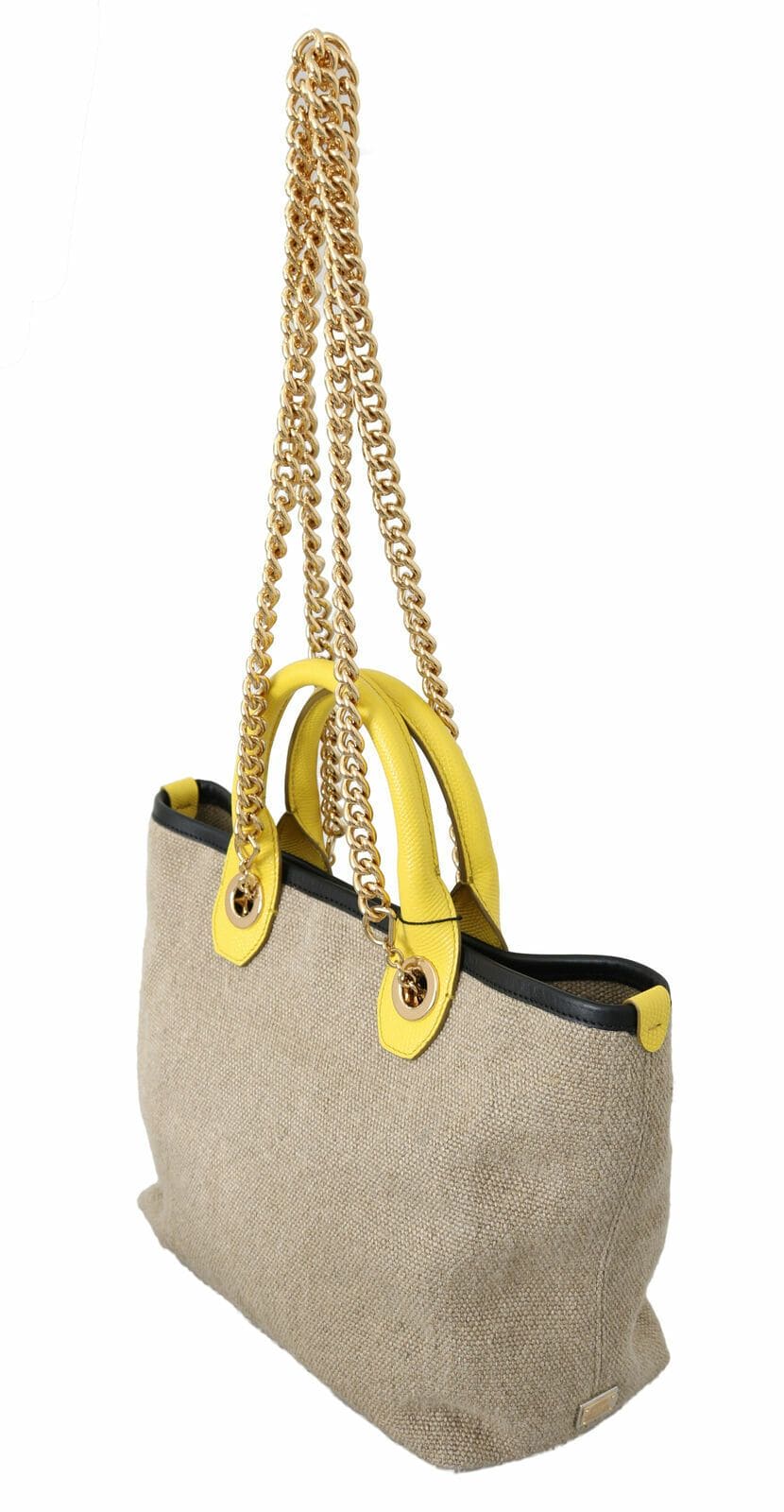 Bolso tote de lino y piel de becerro beige con cadena dorada de Dolce &amp; Gabbana