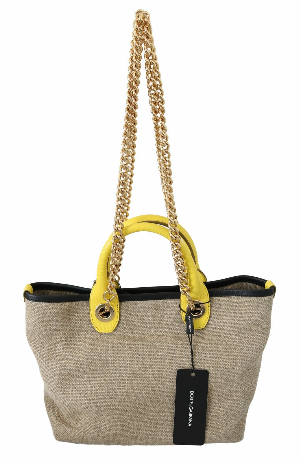 Bolso tote de lino y piel de becerro beige con cadena dorada de Dolce &amp; Gabbana