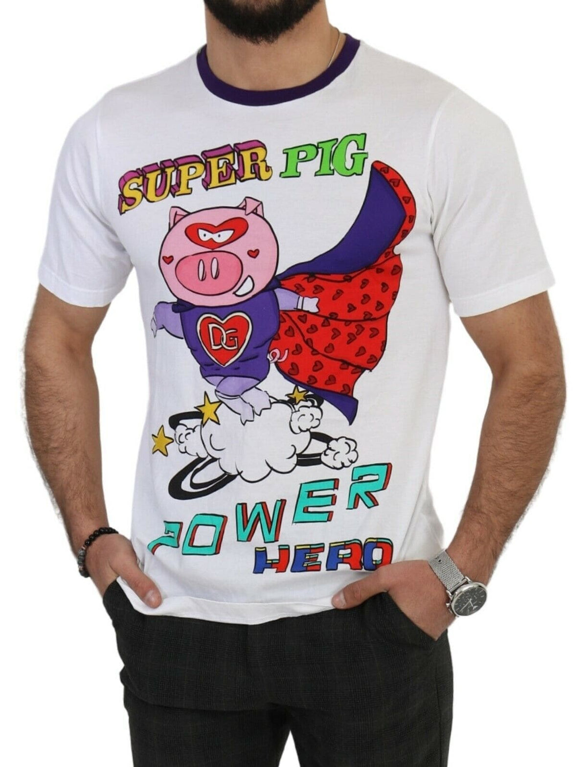 T-shirt en coton blanc à motif cochon chic Dolce &amp; Gabbana