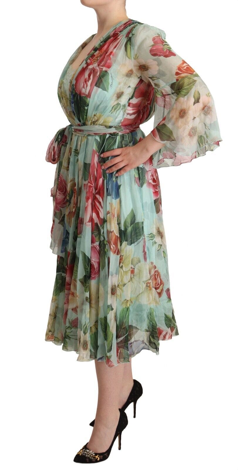 Robe mi-longue en soie verte à imprimé floral Dolce &amp; Gabbana