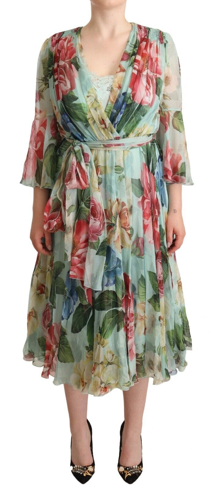 Robe mi-longue en soie verte à imprimé floral Dolce &amp; Gabbana